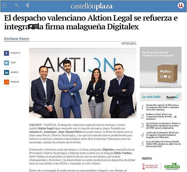 El despacho valenciano Aktion Legal se refuerza e integra a la firma malaguea Digitalex